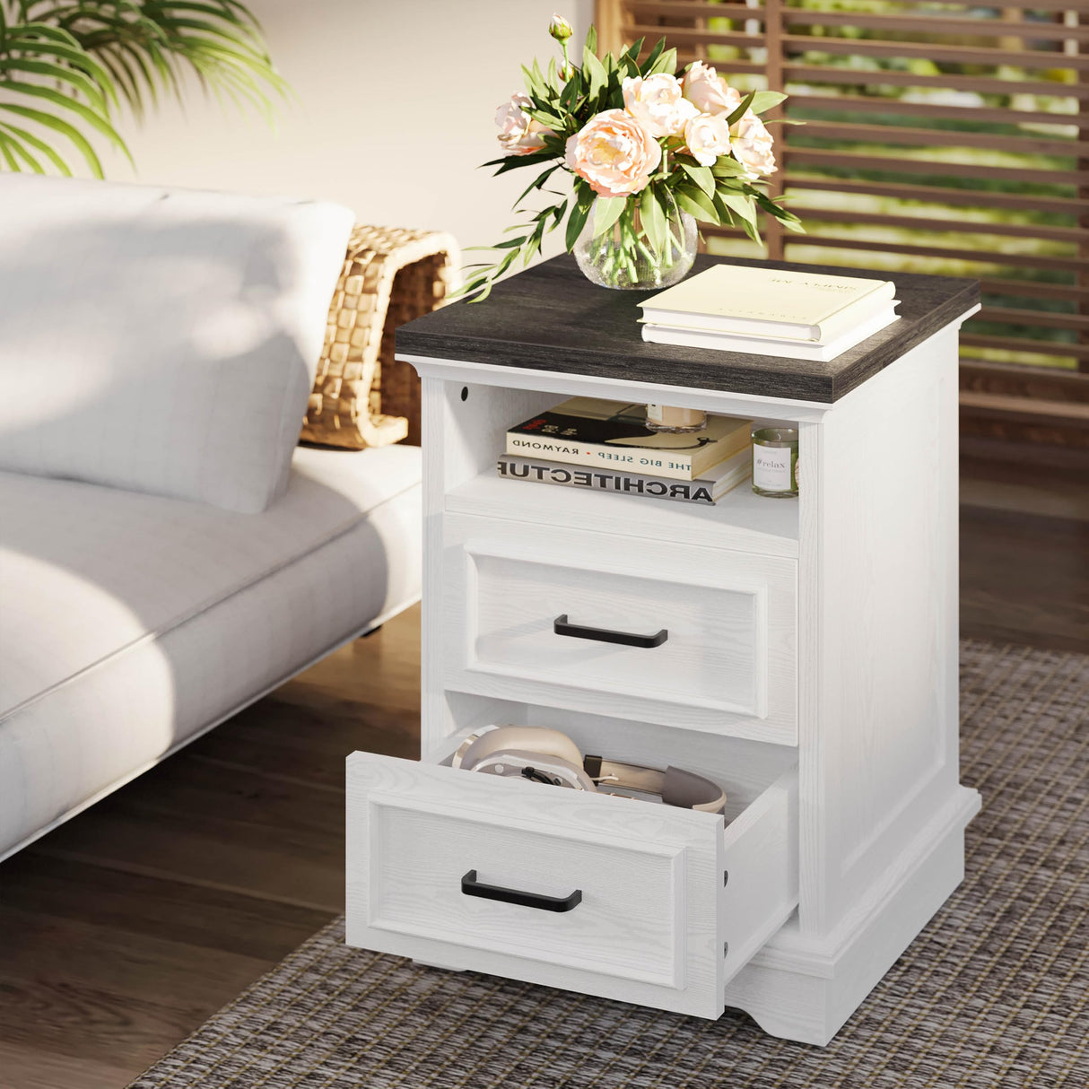 LIKIMIO Farmhouse Nightstand with Storage Drawers and Open Shelf, Small End Tables Living Room, Rustic Wood Side Tables for Bedroom, Roman Column Design, White LIKIMIO