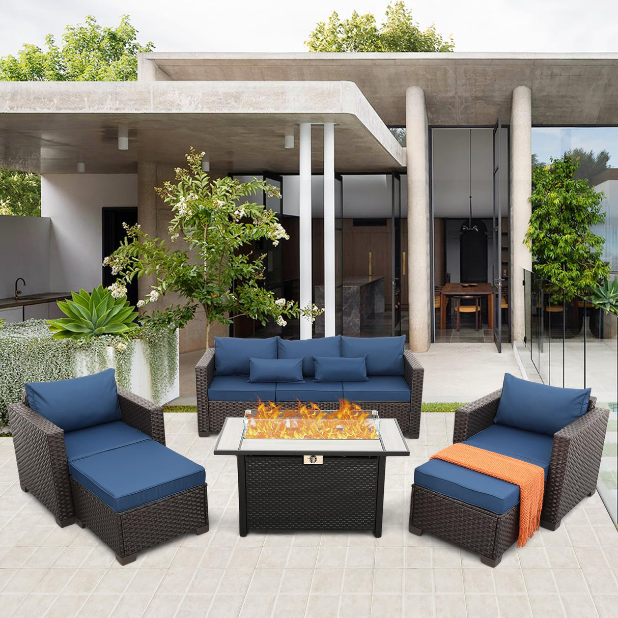 6-Piece Patio Furniture Set Outdoor Furniture Set with 45'' Propane Gas Fire Pit Table Outdoor Conversation Set Wicker Sofa Set Non-Slip Cushions Waterproof Covers, Navy Blue Rattan Star