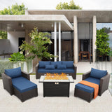 6-Piece Patio Furniture Set Outdoor Furniture Set with 45'' Propane Gas Fire Pit Table Outdoor Conversation Set Wicker Sofa Set Non-Slip Cushions Waterproof Covers, Navy Blue Rattan Star