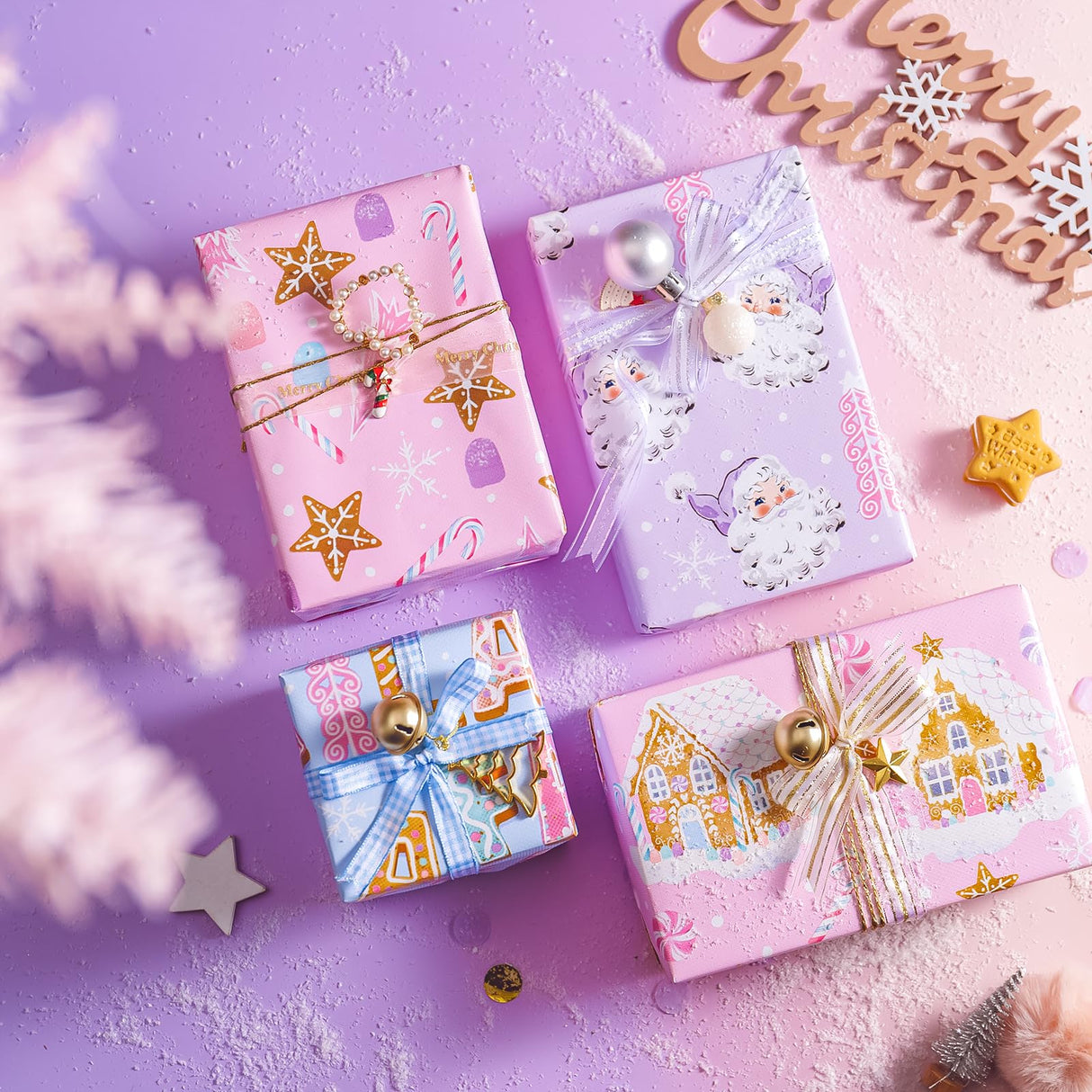 WRAPAHOLIC 30 Inch Christmas Wrapping Paper Roll - Jumbo Roll Pastel Pink Purple Gingerbread House and Santa Claus Design with Embossed - 4 Rolls - 30 Inch x 120 Inch Per Roll WRAPAHOLIC