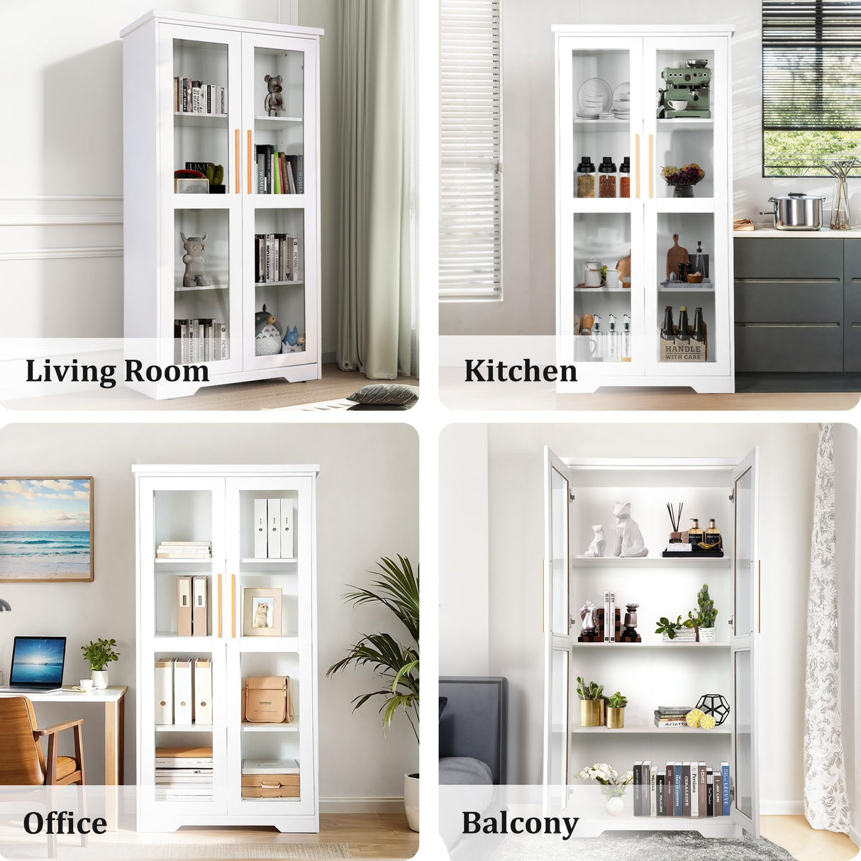 jamege 67” Tall China Storage Cabinet with Tempered Glass Doors, Curio Display Cabinet, Bookshelves, Bookcase with Adjustable Shelves, for Living Room, Kitchen, Dining Room, Pantry, Home, Office jamege