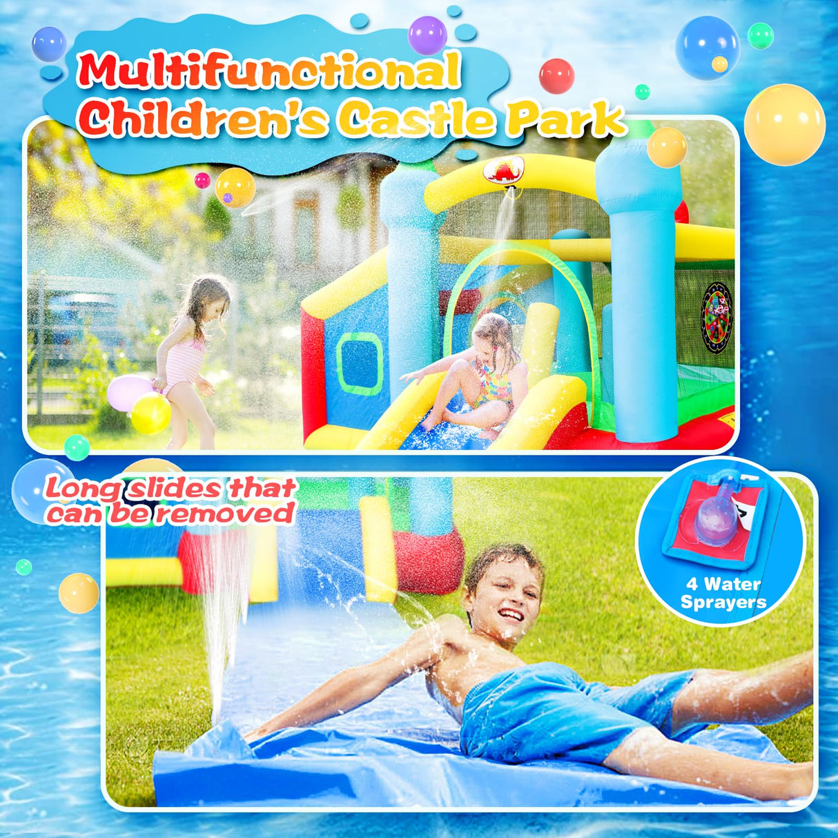 WELLFUNTIME Inflatable Bounce House and Extended Long Water Slide, Jumping Castle Slide with Blower, Kids Bouncer with Ball Pit, Dart Target Game WELLFUNTIME
