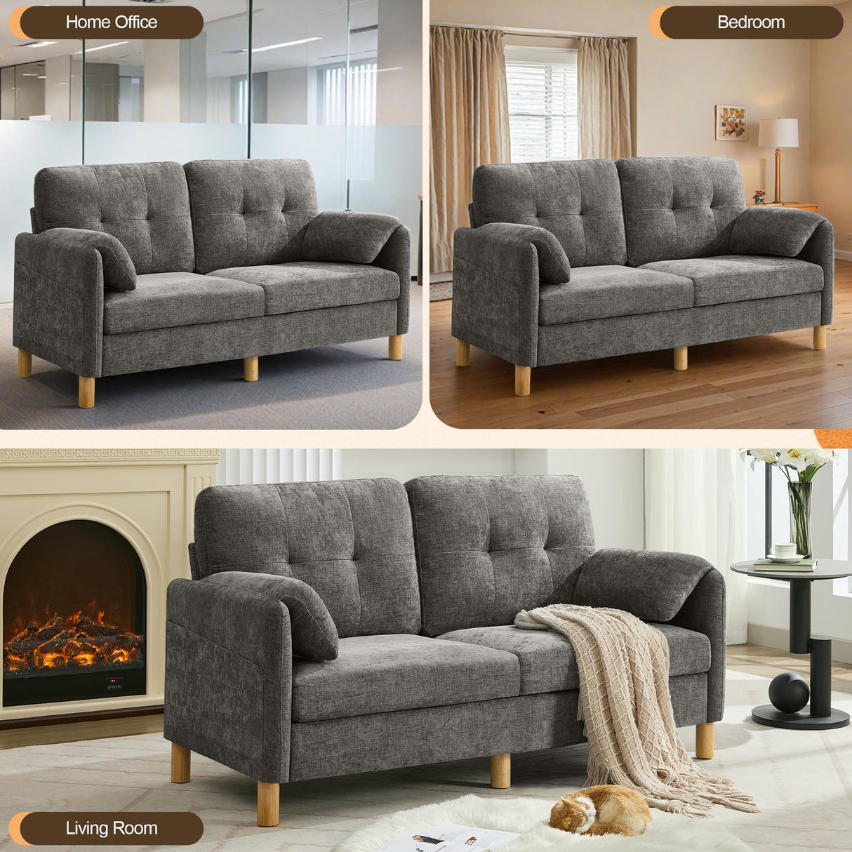 WUTUTUEE 65" Chenille Loveseat Sofa, Modern 2 Seater Love Seat Couch with Armrest Pillows & Pockets, Upholstered Tufted Loveseat Couches for Living Room Bedroom, Easy Assembly, Light Grey WUTUTUEE