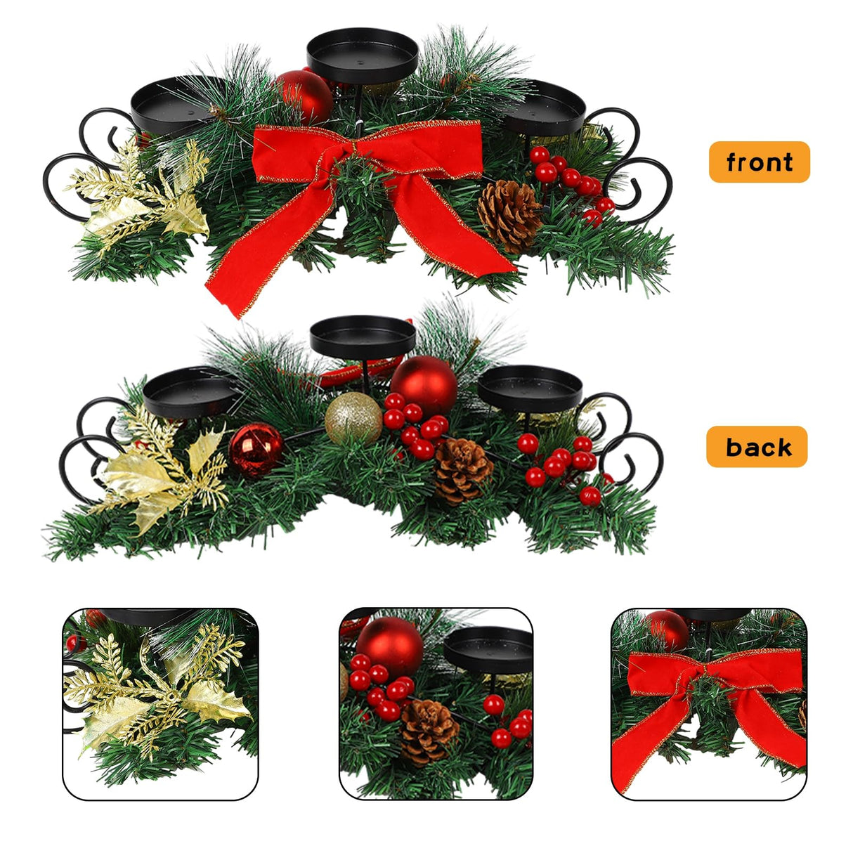 MorTime Christmas Candle Holder Centerpiece, Xmas Tabletop Decor with Red Bow Berries Pinecones, Table Centerpiece with Steel Base for Christmas Decoration MorTime