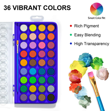 36 Pack Watercolor Pan Set, Smart Color Art Watercolor Paint Set with 4 Brushes,Easy to Blend Colors, Perfect for Kids Adults ChicChicCheck