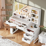 HAIOOU Fluted Vanity Desk with Mirror and Lights,48" Large Makeup Vanity Desk with Charging Station,Dressing Table with 4 Drawers & 3 Open Storage Shelves, Glass Top for Bedroom, White HAIOOU