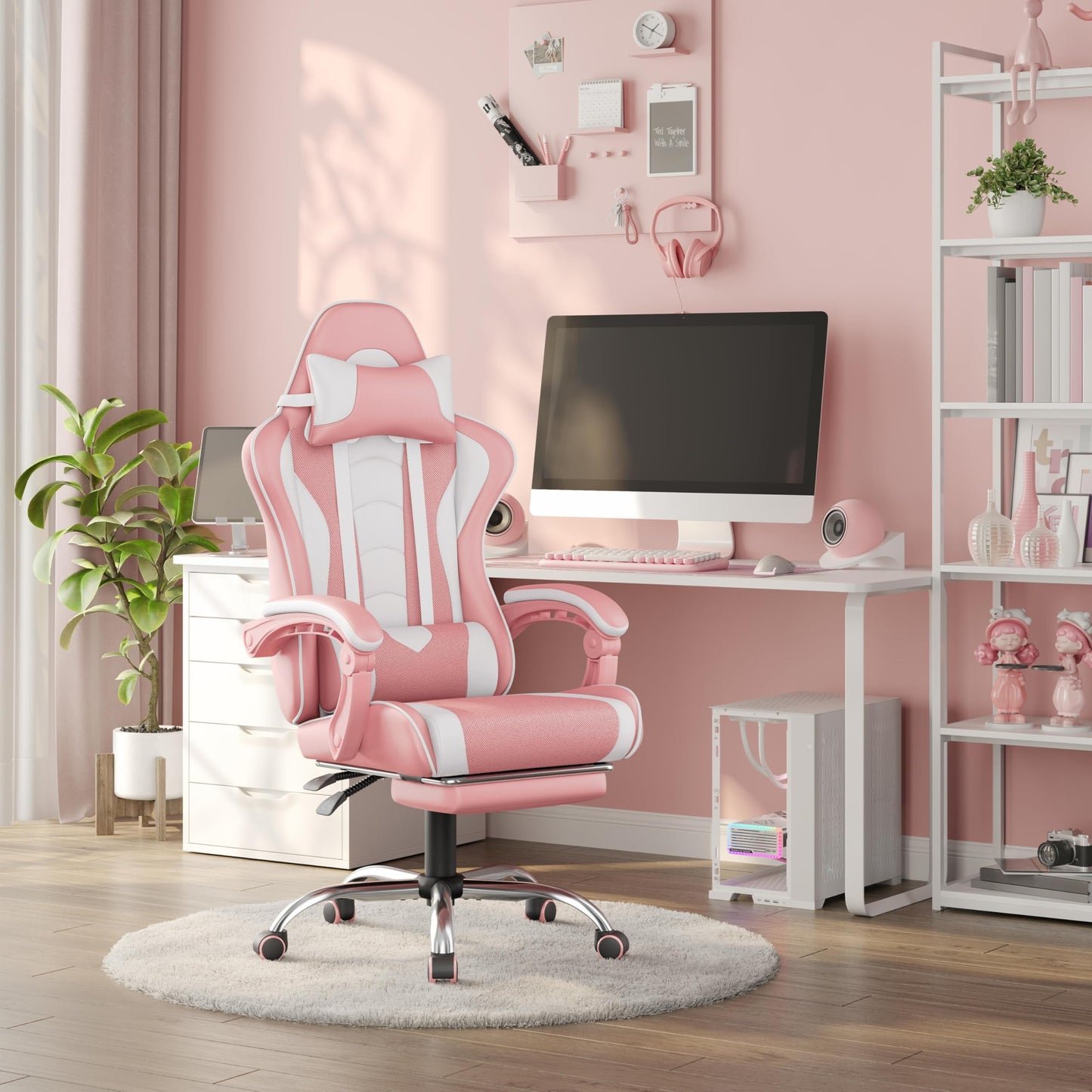 Yaheetech Gaming Chair, Video Game Chair with Massage Lumbar Support and Footrest Height Adjustable Ergonomic Computer Chair with Swivel Seat and Headrest, Pink/White