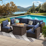 Grezone Patio Furniture Set,7 Piece Patio Furniture Set with Fire Pit Table,PE Wicker Rattan Sectional Sofa Patio Conversation Set with Thickened Cushions, Blue Grezone