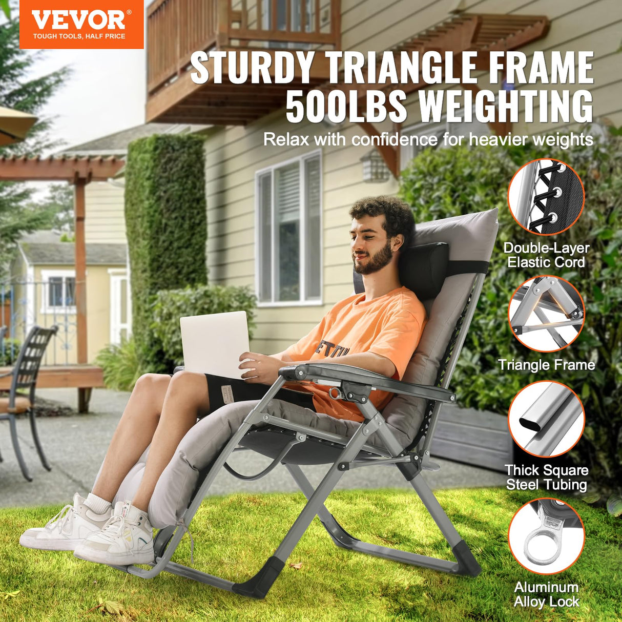 VEVOR Zero Gravity Chair, 33 inch Zero Gravity Recliner Lounge Chair for Indoor and Outdoor, Adjustable Anti Gravity Chair with Cushion, Headrest, Footrest, and Cupholder, 500 lbs, Gray VEVOR