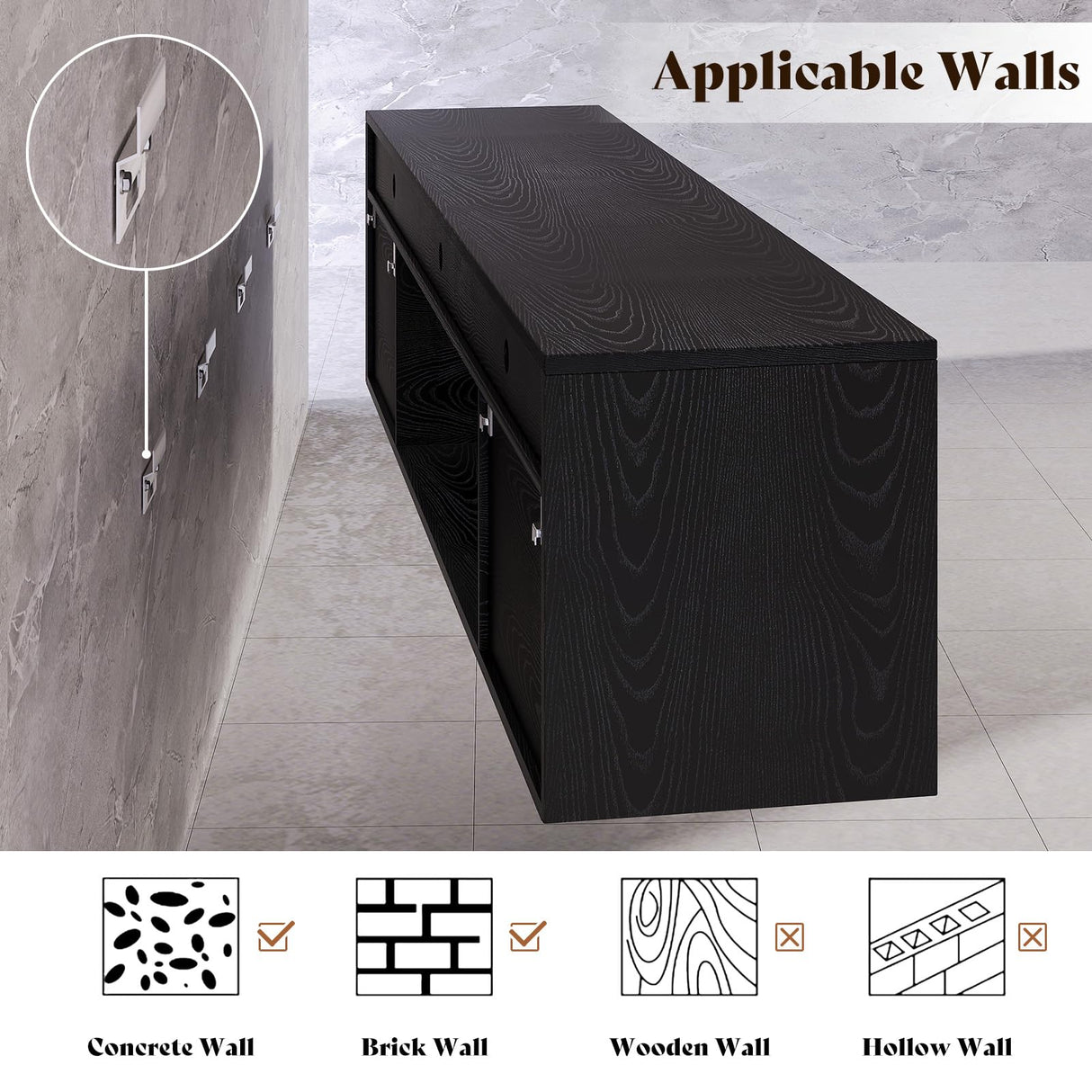 AMERLIFE Floating TV Stand with 40" Electric Fireplace, Modern Wall Mounted Entertainment Center with Storage, 80in Media Console with High Gloss Geometric Doors for TVs Up to 90", Black AMERLIFE