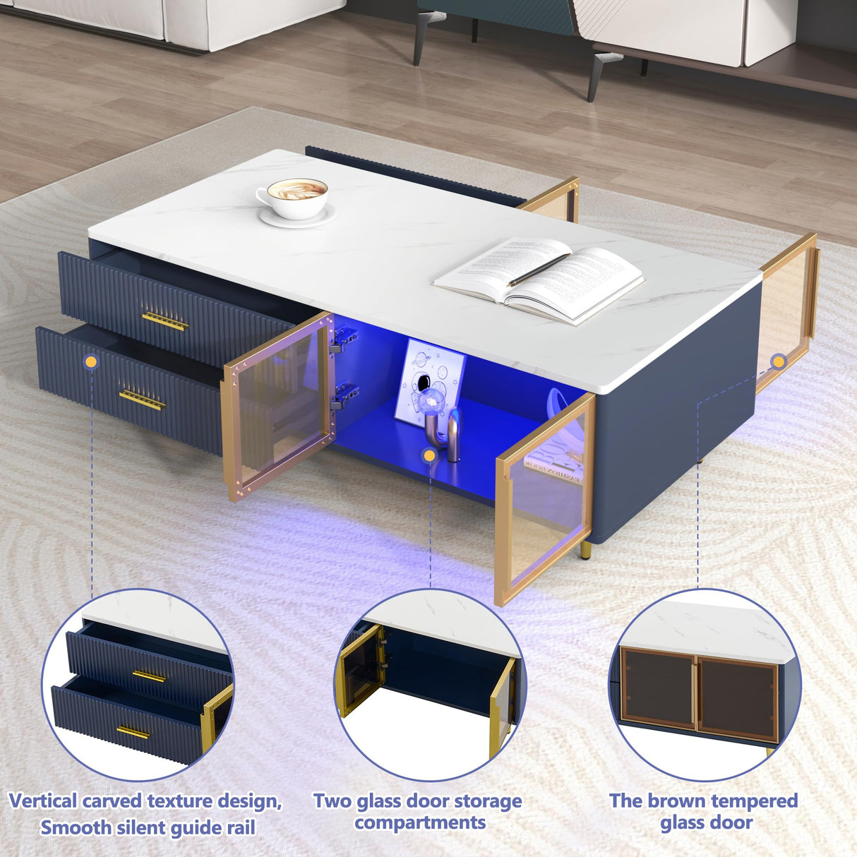 Modern Coffee Table with Glass Doors Storage, 47.2" Large Multi-Color Led Coffee Table with 4 Drawers and Gold Metal Legs, Wooden Rectangle Tea Table Center Table for Living Room, Navy Blue cloblane
