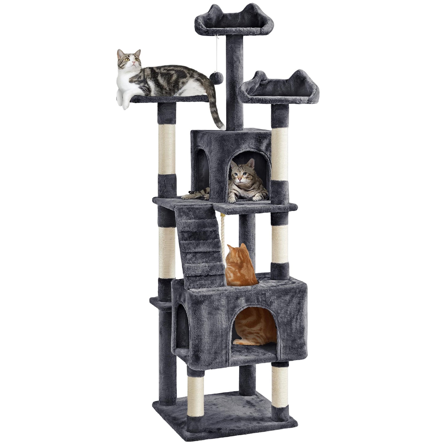 Yaheetech XL Cat Tree, 72in Multi-Level Cat Tower with 2 Cozy Caves, 3 Soft Perches, Scratching Posts, Board, and Dangling Ball, Cat Furniture Cat Play House Kittens, Dark Gray