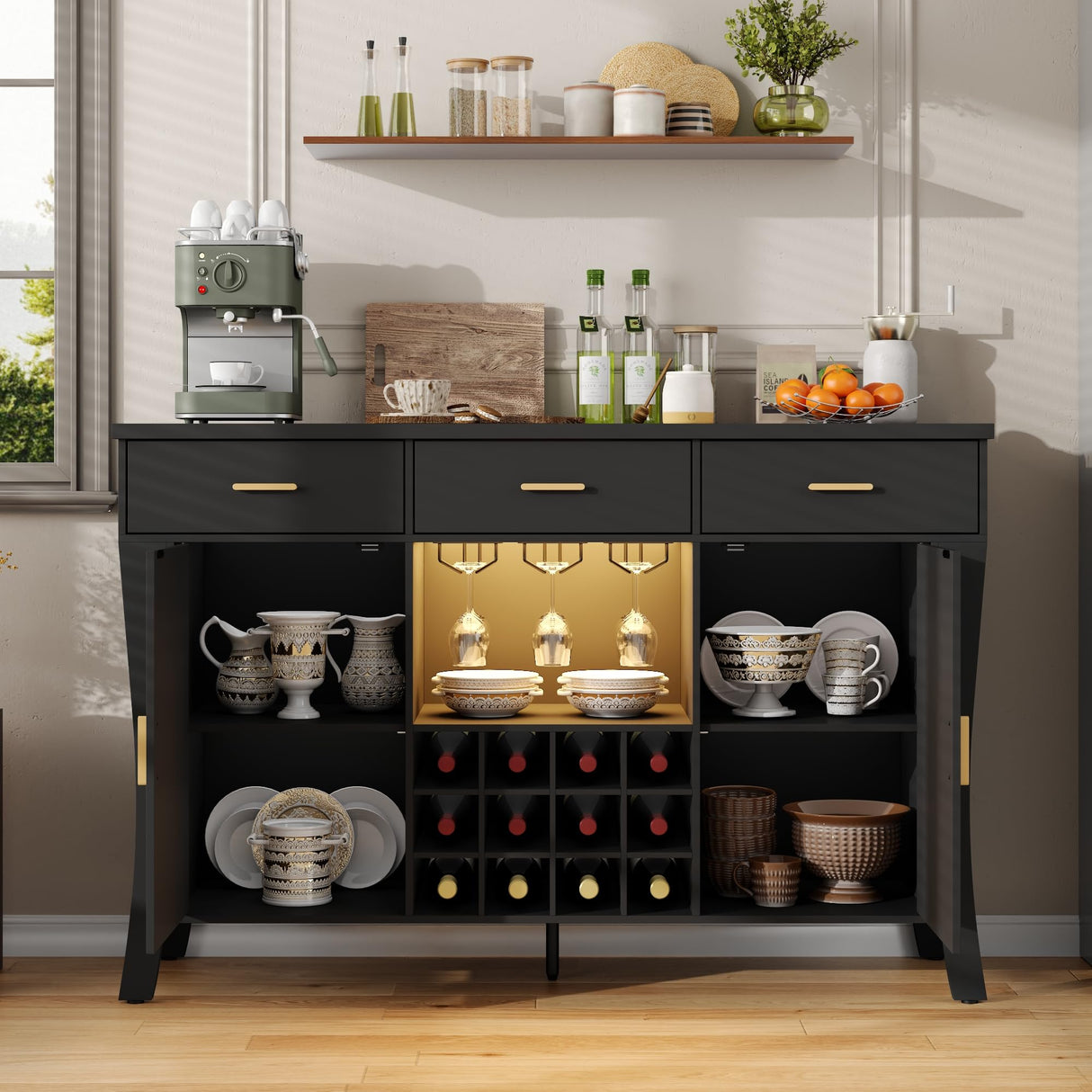 Wine Bar Cabinet with LED Light,Farmhous Liquor cabinet with Wine and Glass Rack,Coffee Station with Storage cabinet and 3 drawers,Buffet Sideboard with Arc Design for Kitchen,living room (Black) Gyfimoie