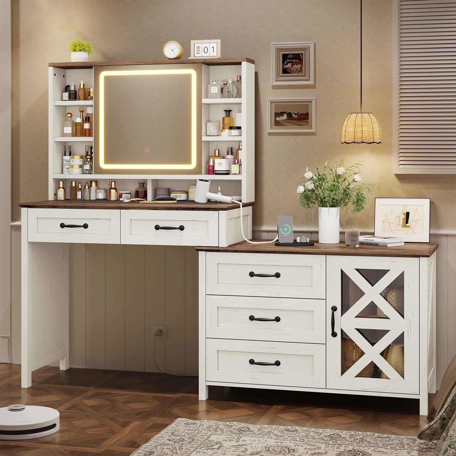 HAUOMS Farmhouse Vanity Desk with Openable Mirror and Lights, White Vanity Table with Drawer Dresser, Glass Top and Charging Station, Large Makeup Desk with 5 Drawers, 9 Shelves, Antique Whit - WoodArtSupply