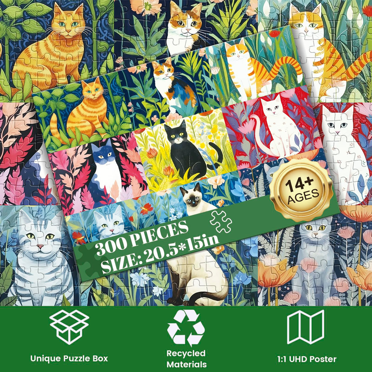 300 Piece Puzzle for Adults-Cats and Flowers | Recycled Cardboard Jigsaw Puzzles 300 Pieces | Challenging Family Activity Great Gift Idea for Family Friends | Difficult Puzzles Size 20.5X 15 inches Edsjegn