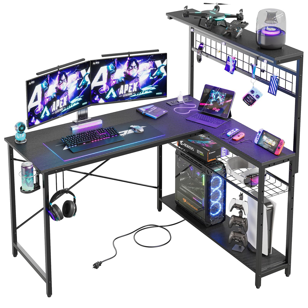Bestier L Shaped Gaming Desk with Power Outlets, 51 inch Large LED Computer Desk Reversible Corner Desk with 4 Tiers Storage Shelves, Gamer Desk with Headset Hooks and Cup Holder, Carbon Fiber Black Bestier