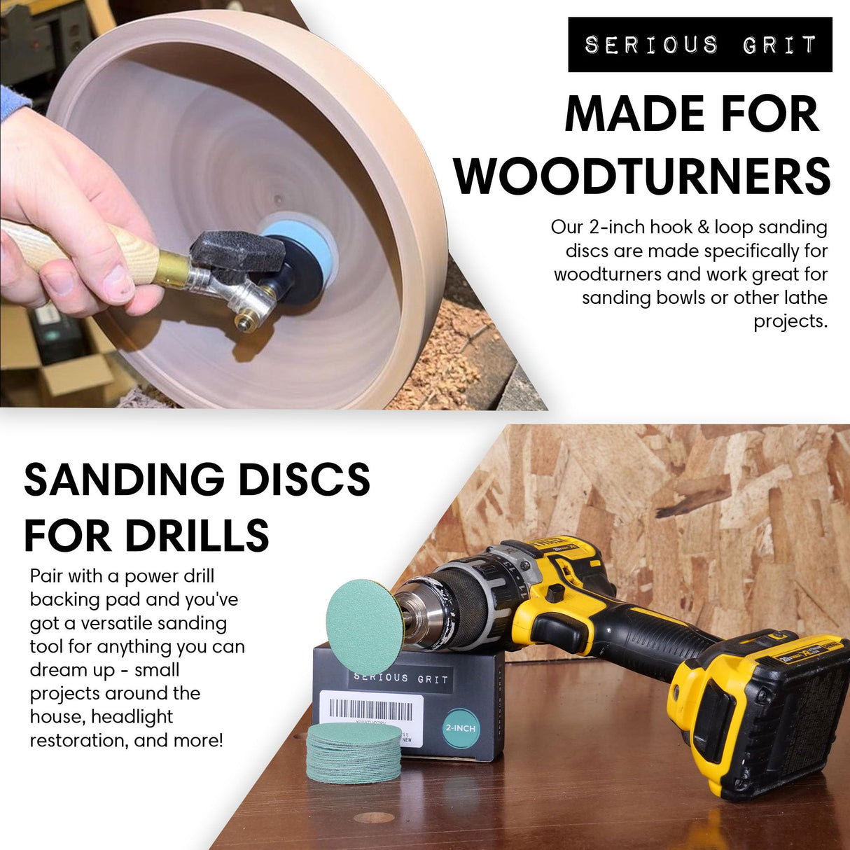 Serious Grit - 2-Inch 800 Grit Sanding Discs - Heavy-Duty Hook & Loop Film Discs - Sandpaper for Woodturning, Bowl Sanding & Power Tool Drill Attachment Sanding Pads - Pack of 50 Serious Grit