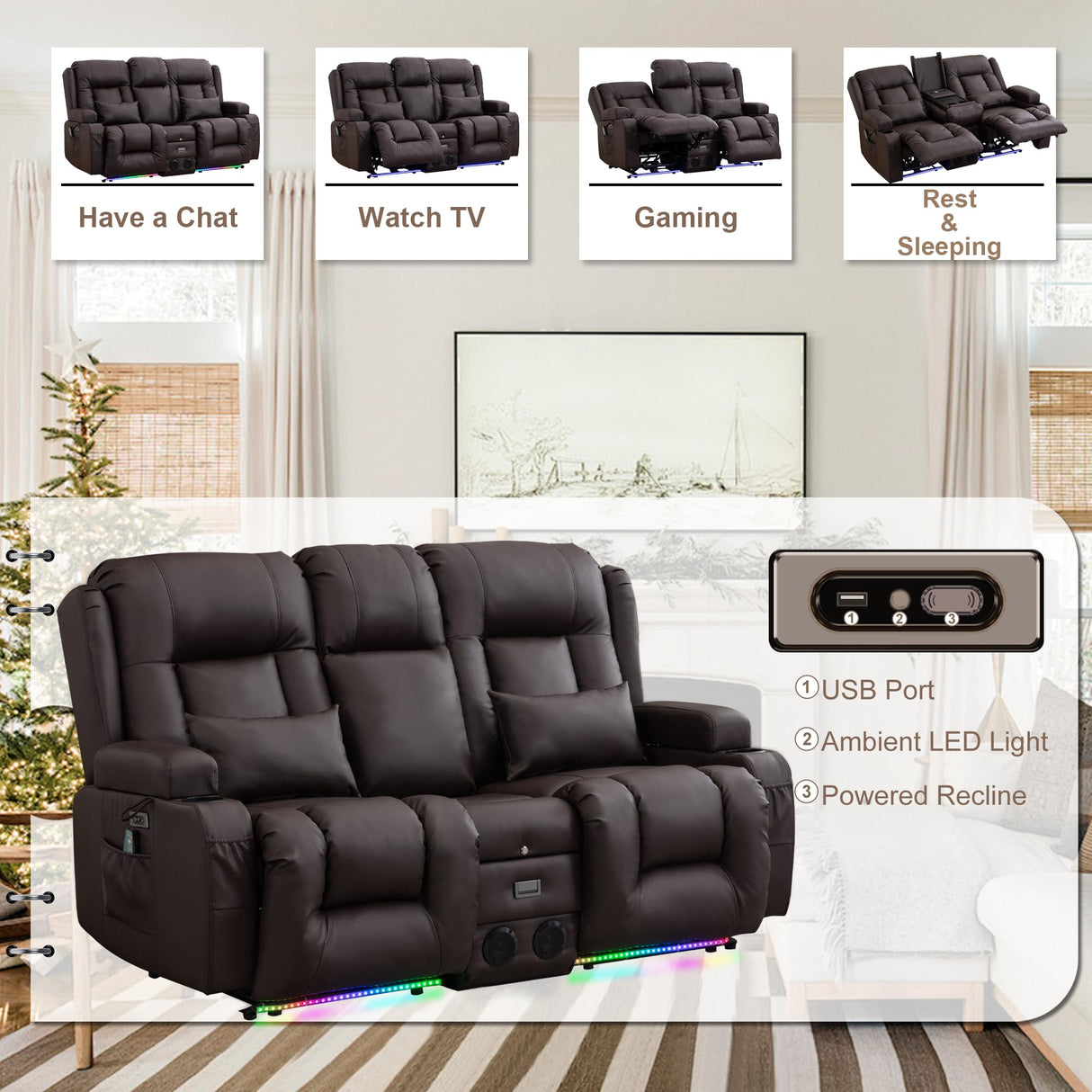 TUNYI Power Loveseat Recliner Sofa with Massage & Heat Home Theater Seating with Console Electric Recliner RV Sofa with USB/Outlet/Storage/Side Pocket/LED Light/Speaker (Brown, Loveseat) TUNYI