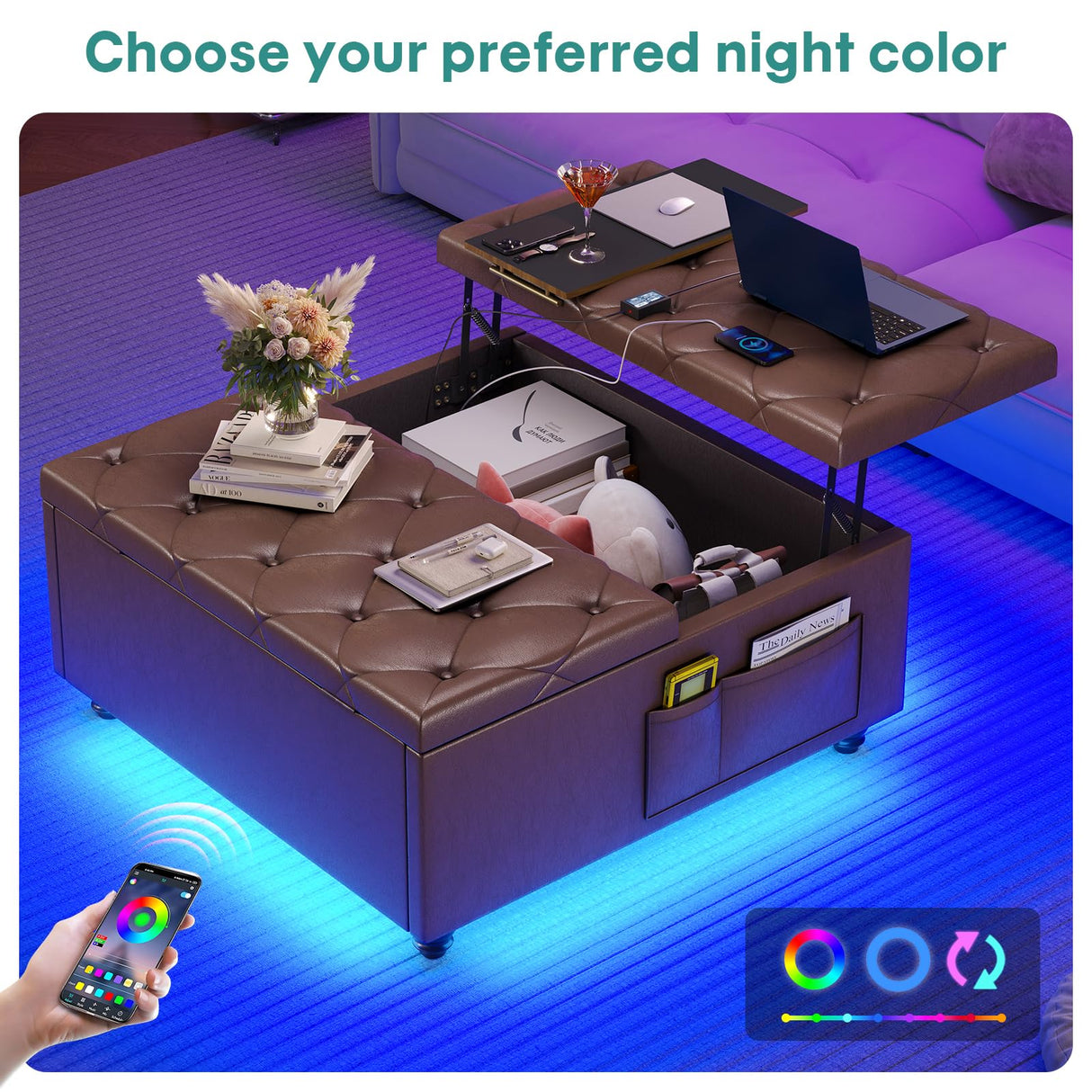 busyaeh Storage Ottoman Coffee Table,Square Ottoman Bench with Charging Station and LED Lights,Velvet Buttons Large Ottoman with Storage with Lift Top&Solid Wood Legs for Living Room Bedroom (Brown) busyaeh