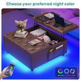 busyaeh Storage Ottoman Coffee Table,Square Ottoman Bench with Charging Station and LED Lights,Velvet Buttons Large Ottoman with Storage with Lift Top&Solid Wood Legs for Living Room Bedroom (Brown) busyaeh