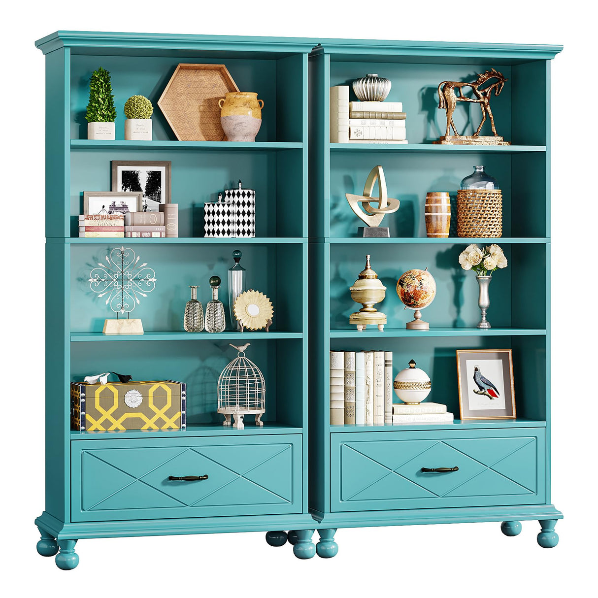 Tribesigns Ocean Blue 6-Shelf Bookcase Set of 2 with Drawer and Solid Wood Legs Tribesigns