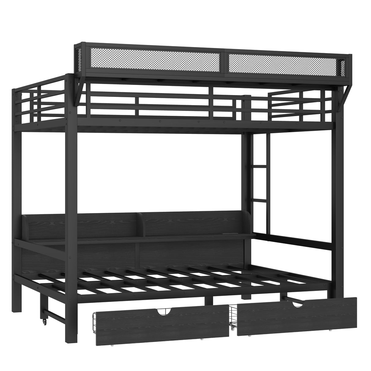 Queen Over Queen Metal Bunk Bed with Storage Drawers and Shelves, Heavy Duty Bunk Beds with LED Lights and Charging Station for Kids,Adults,Convertible into a Sofa Bed,Black Bellemave