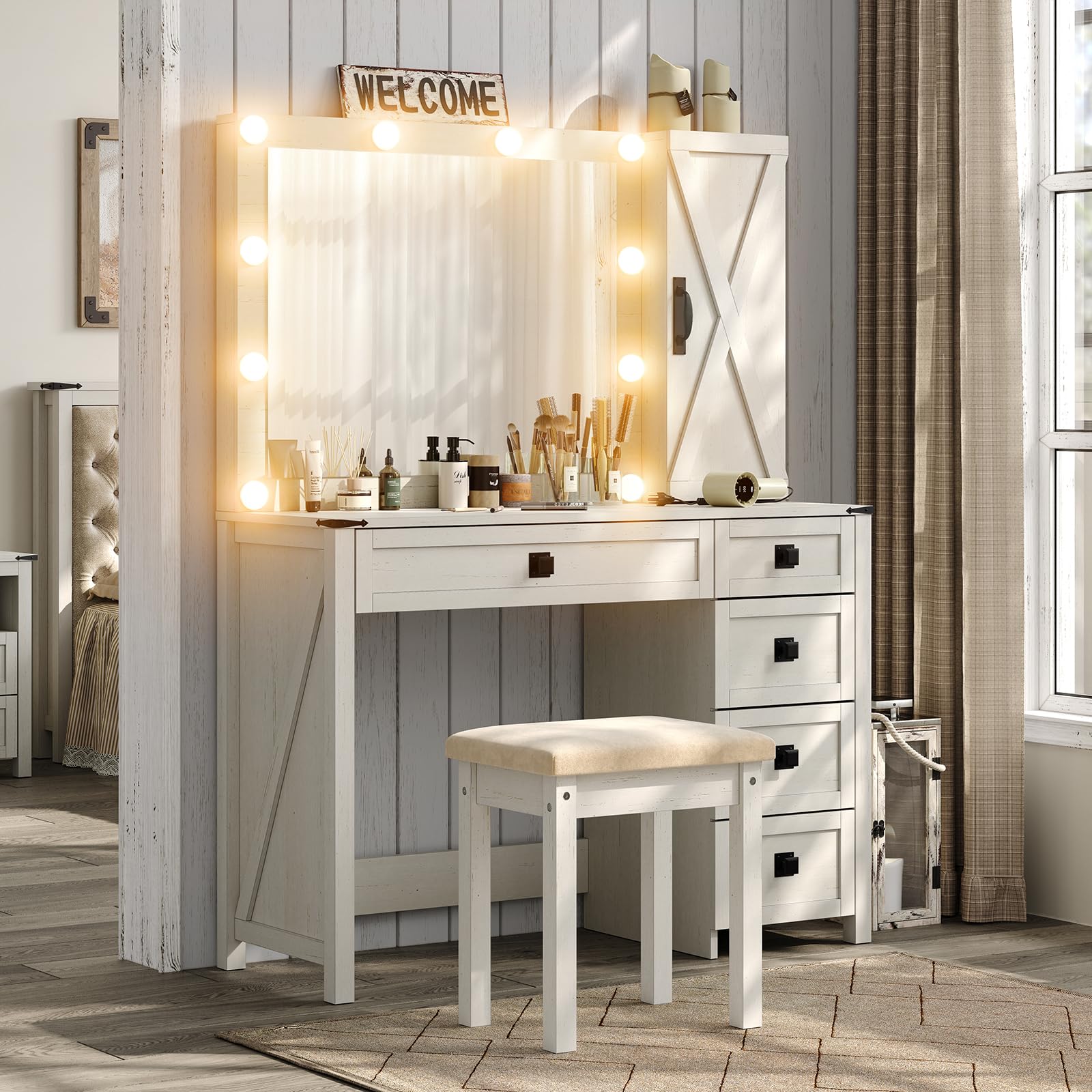 Furniouse Makeup Vanity Desk with Mirror and Lights, 42" Large Vanity with Cabinet Storage and 5 Drawers,Farmhouse Vanity Table Set for Bedroom White, Stool Included - WoodArtSupply