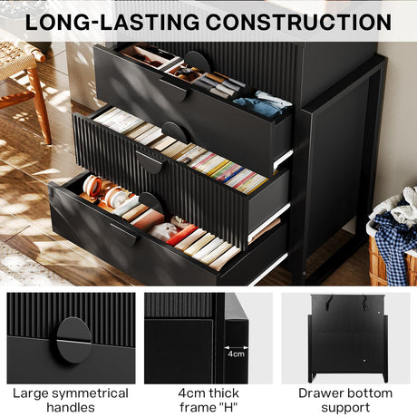 LGHM Fluted Dresser for Bedroom with 4 Drawers, Modern 4 Drawers Dressers with Semicylinder Fluted, Solid Chest of Drawers, 36" Tall Dresser with Bold Steel Frame, Metal Handles, Black LGHM