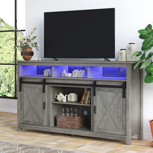 Bolonbi LED Farmhouse TV Stand for 65 inch TVs, Rustic Entertainment Center TV Cabinet Stands with Power Outlets, Wooden Sliding Barn Door TV Center Media Console Table with Storage and Shelves