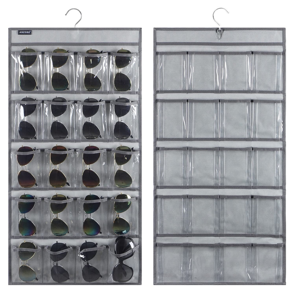 ANZORG Dual Sided Hanging Sunglasses Organizer Storage Wall Mounted Eyeglasses Holder Eyewear Display Case with 40 Clear Slots (40 Pockets-Grey) ANZORG