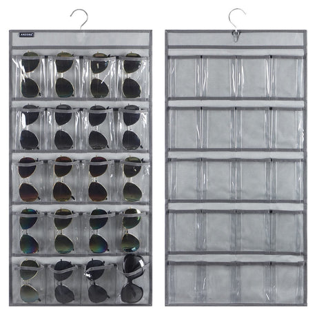 ANZORG Dual Sided Hanging Sunglasses Organizer Storage Wall Mounted Eyeglasses Holder Eyewear Display Case with 40 Clear Slots (40 Pockets-Grey) ANZORG