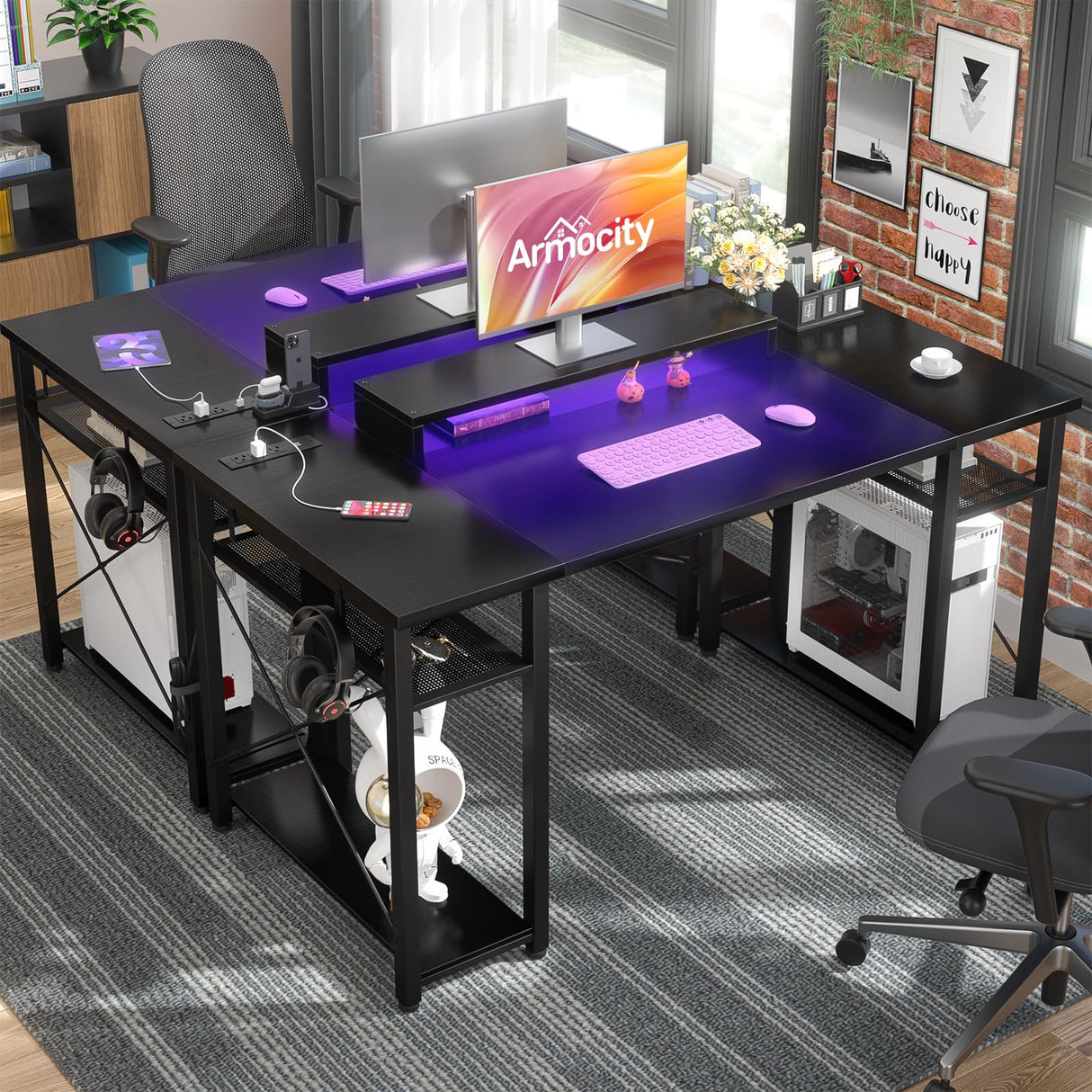 armocity Computer Desk with LED Lights, 48 Inch Reversible Large Desk with Power Outlet and USB, 48'' Gaming PC Table with Moveable Monitor Stand for Home Office, Workstation, Black armocity
