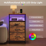 YeTom Nightstand with Charging Station, LED Night Stand with Drawers (Fabric), Bedside Table with Open Shelf, End Table with Steel Frame, 3 Drawer Dresser for Bedroom, Small Space, Rustic Brown YeTom