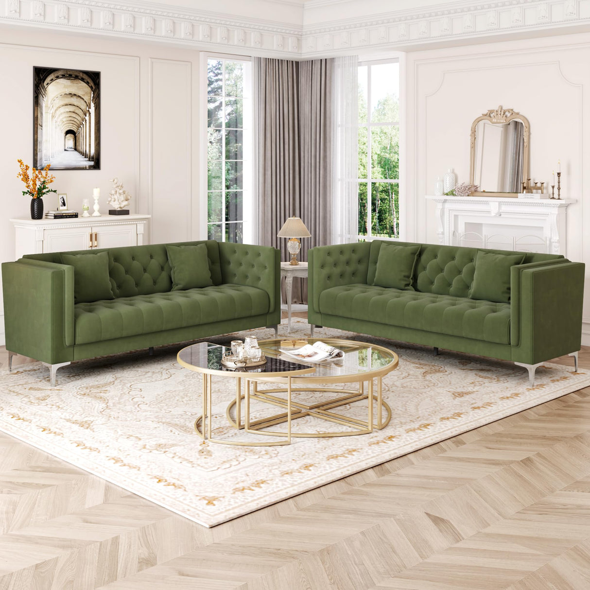 HIFIT 79" W Green Velvet Sofa Couch with 2 Pillows, 3 Seater Couches for Living Room, Handmade Button Tufted Cushions and Metal Legs, Modern Sofa for Apartment, Office HIFIT