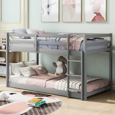 ZJIAH Low Bunk Bed Twin Over Twin, Solid Wood Floor Bunk Bed Frame with Ladder & Safety Guardrails, Twin Bunk Beds for Kids Boys and Girls, Saving Space, No Box Spring Needed, Gray