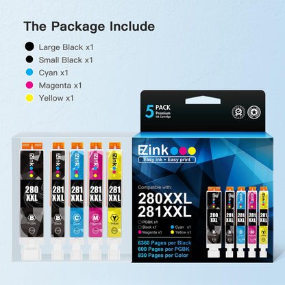 E-Z Ink Compatible Ink Cartridge Replacement for Canon PGI-280XXL CLI-281XXL 280 XXL 281 XXL Compatible with TR8620a TR8620 TS702a TS9520 TS9521C TR8520 TS6220 TS6320 TS8220 (5 Pack)