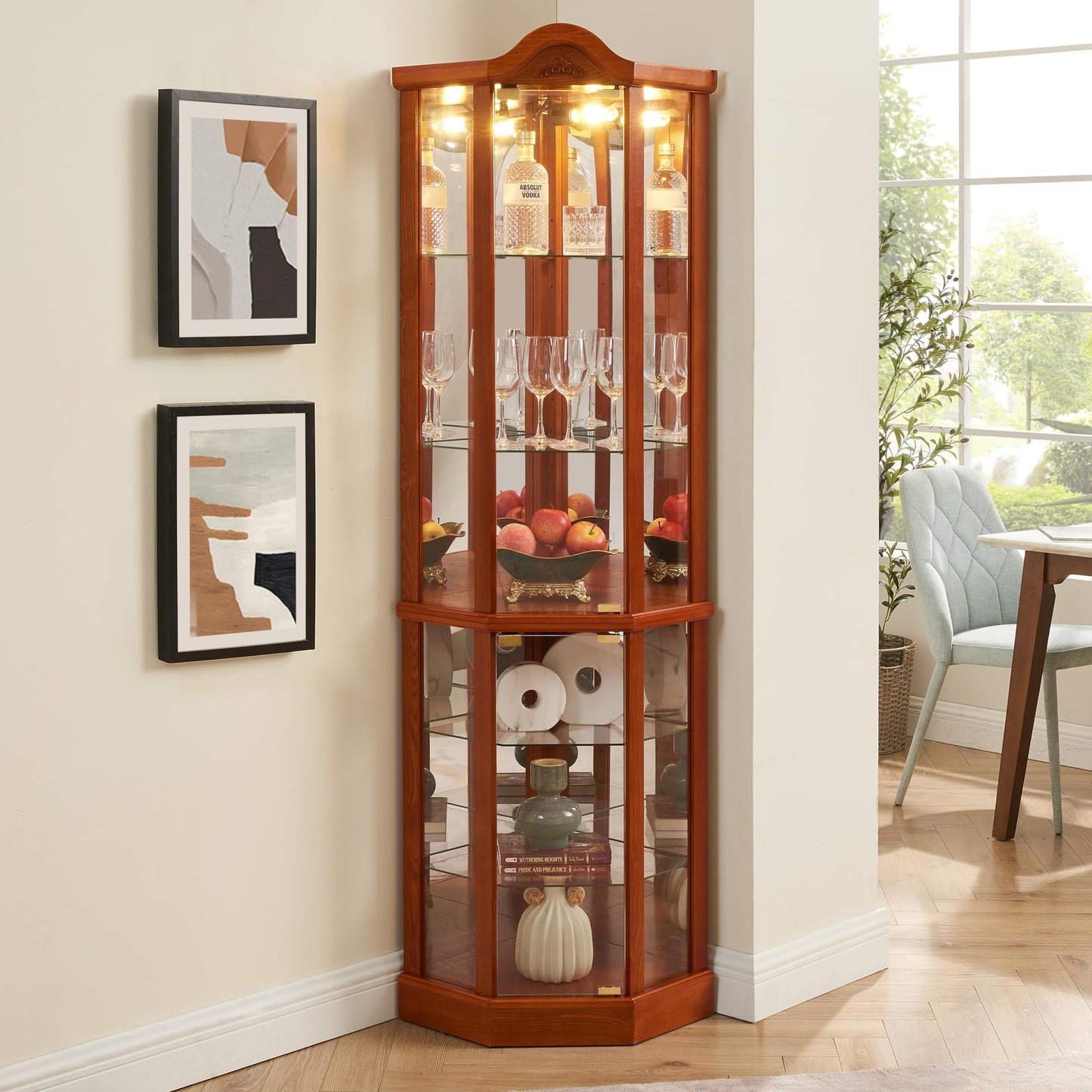 roomfitters Wooden Corner Display Curio Cabinet, Lighted China Cabinet with Tempered Glass Door, Wine Cabinet Storage with Two Section Shelving Unit, Corner Curio Storage Rack for Living Room - WoodArtSupply