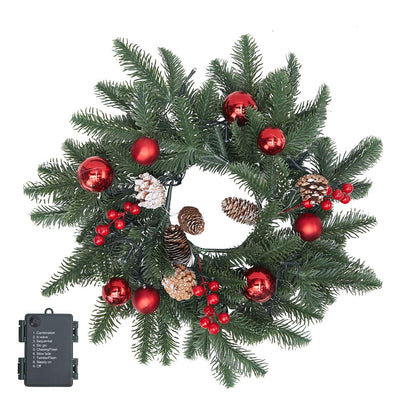 20 Inch Christmas Wreath with 50 Lights Timer (Battery Not Included) Small Christmas Wreaths for Front Door with Pine Cones Berries Red Balls Christmas Door Wreath Indoor Outdoor Wall Decoration