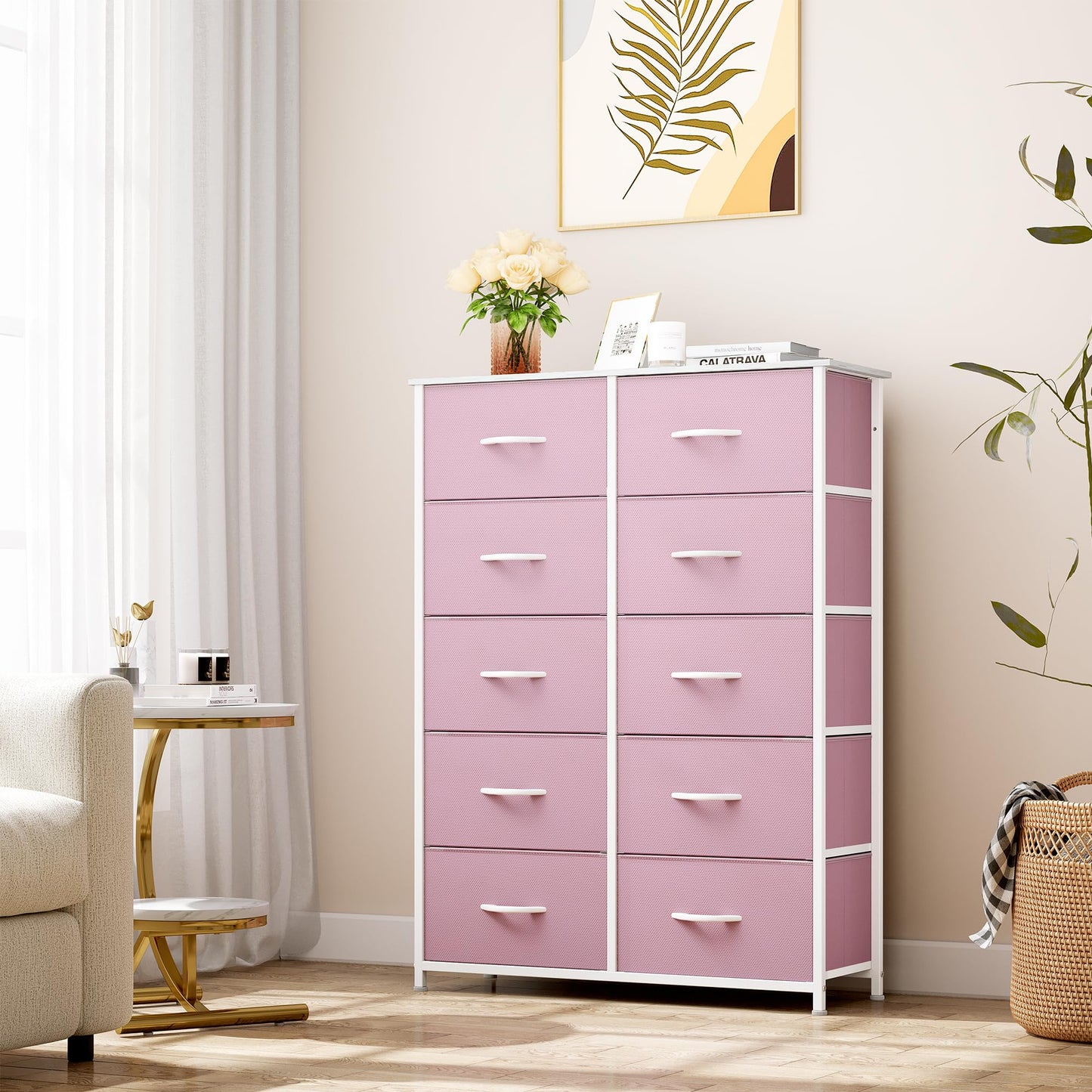 YITAHOME 10 Drawer Dresser - Fabric Storage Tower, Organizer Unit for Bedroom, Living Room, Hallway, Closets - Sturdy Steel Frame, Wooden Top & Easy Pull Fabric Bins, Pink