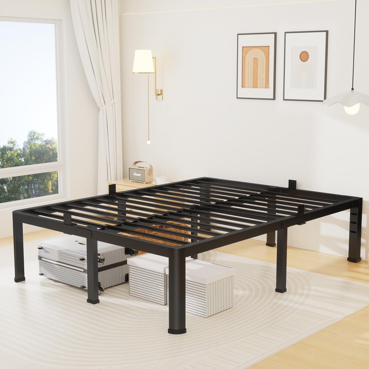 14 Inch Queen Bed Frame, Metal Platform Bed Frame with Round Corner Legs, 3500 lbs Heavy Duty Steel Slats Support, No Box Spring Needed, Noise Free, Easy Assembly, Black Superay