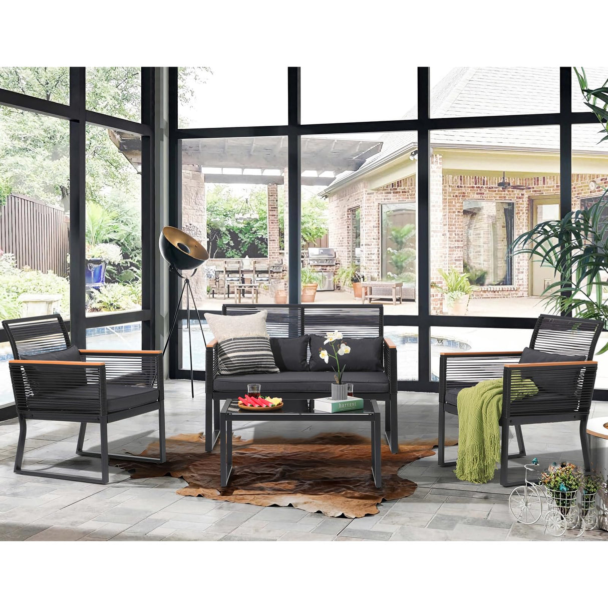 Patiorama 4 Piece Patio Furniture Set, Outdoor Wicker Bistro Set, All-Weather Black PE Rattan Conversation Set w/Coffee Table, Loveseat, Wood-Like Armrest, Cushions for Garden Balcony Deck, Dark Grey Patiorama