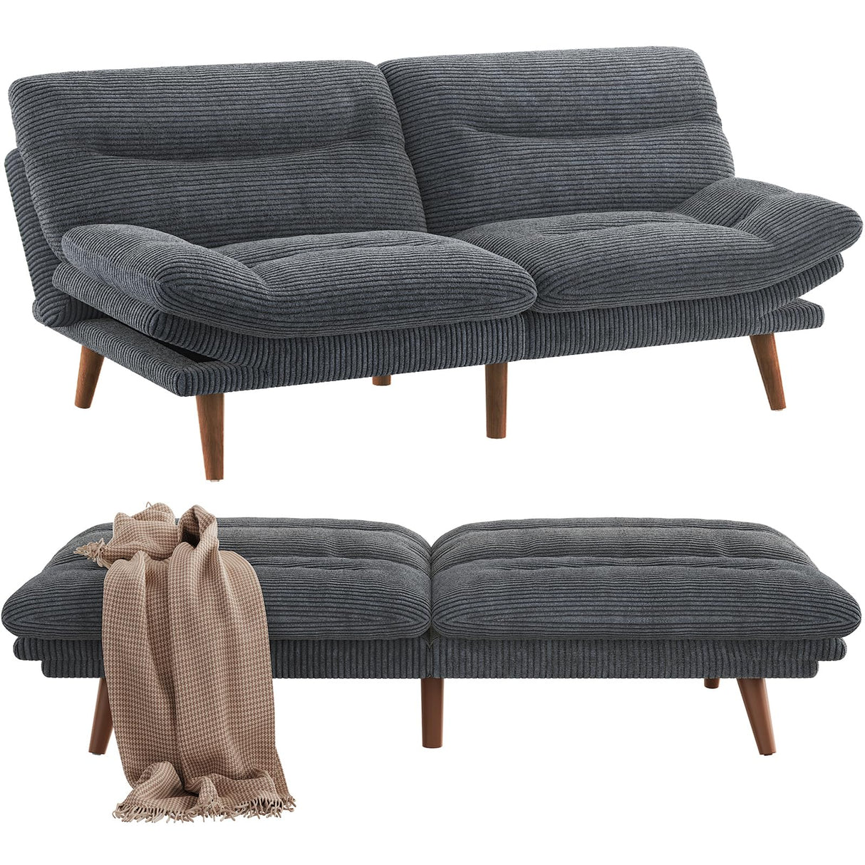 PERLECARE Convertible Futon Sofa Bed, Corduroy Futon Couch with Adjustable Backrest and Armrests, 3-in-1Recliner Sleeper Sofa for Small Spaces, Play Room or Office（Grey，66 in） PERLECARE