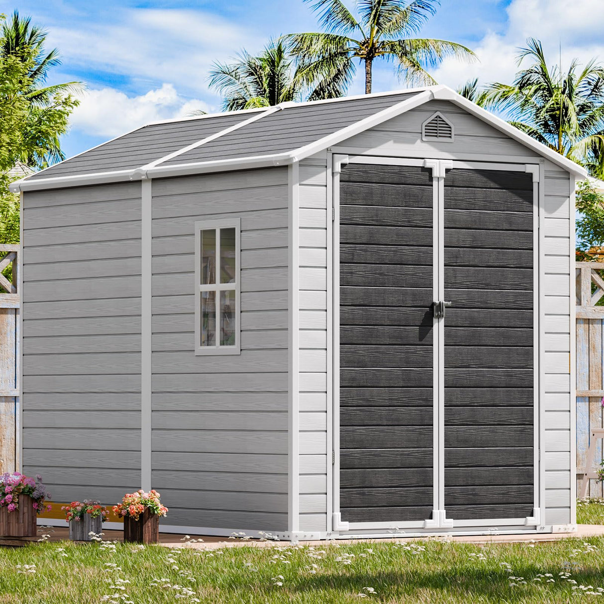 Resin Outdoor Storage Shed with Floor Included 8x6 FT, Large Waterproof Plastic Outside Garden Backyard Patio Lawn Tools Shelter with Window Lockable Door, Gray WELYAS