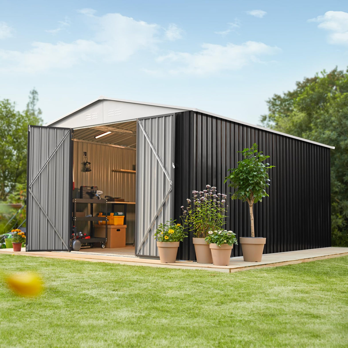 Polar Aurora 10x14 Outdoor Storage Shed, Garden Shed with Updated Frame Structure and Lockable Doors, Metal Tool Sheds for Backyard Garden Patio Lawn, White Polar Aurora