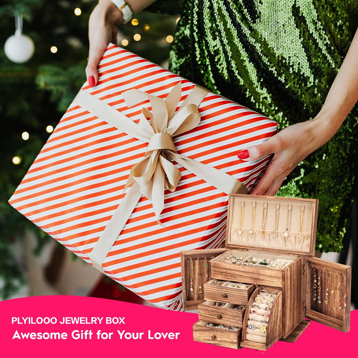 Poyilooo Jewelry Box Organizer, Solid Wood Jewelry Boxes for Women for Storage & Display Necklace Ring Earring Bracelet, Rustic Style Jewelry Organizer Box for Women Gifts (Carbonized Brown) Poyilooo