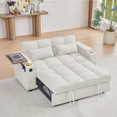 hansones 65'' 3-in-1 Convertible Sleeper Queen Sofa Modern Chenille Fabric Sofa Pullout Sofa 360 Degree Swivel Side Table, Easy to Assemble, for Living Room (White) hansones
