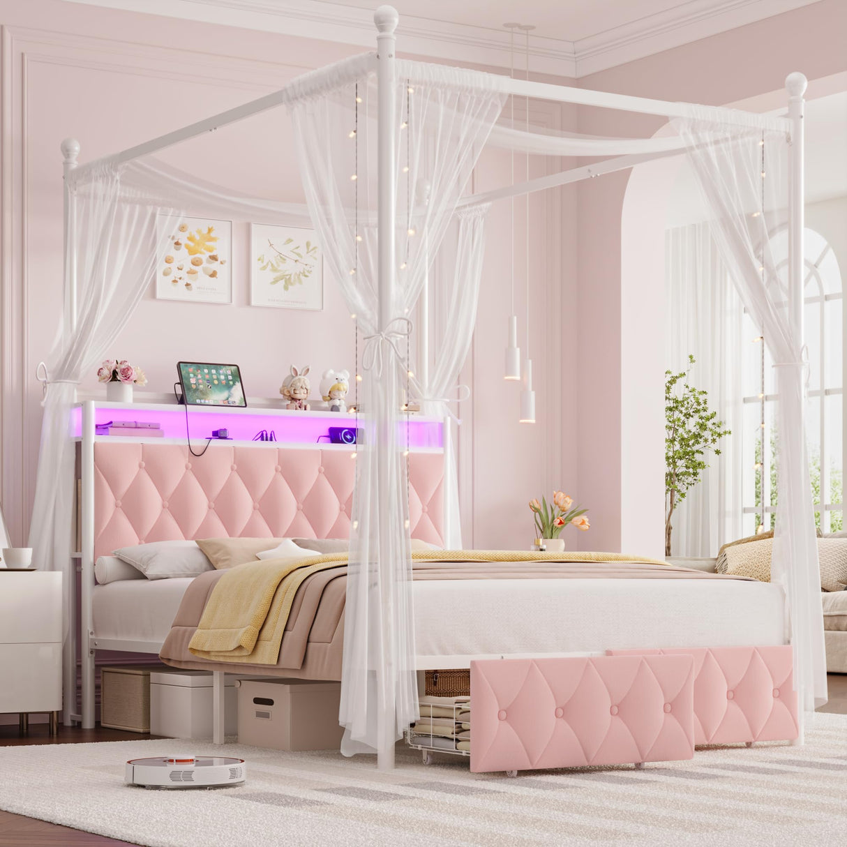 HIFIT Full Size Upholstered LED Canopy Bed Frame with Storage and Charging Station, Button Tufted Storage Headboard with Bookshelf, Two-Use Metal Platform Bed with 4 Removable Posts & 2 Drawers, Pink HIFIT