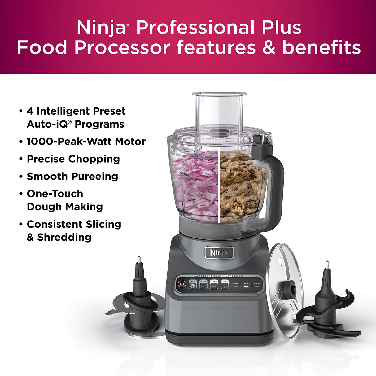 Ninja BN601 Professional Plus Food Processor 1000-Peak-Watts with Auto-iQ Preset Programs Chop Puree Dough Slice Shred with a 9-Cup Capacity and a Silver Stainless Finish (Renewed) Ninja