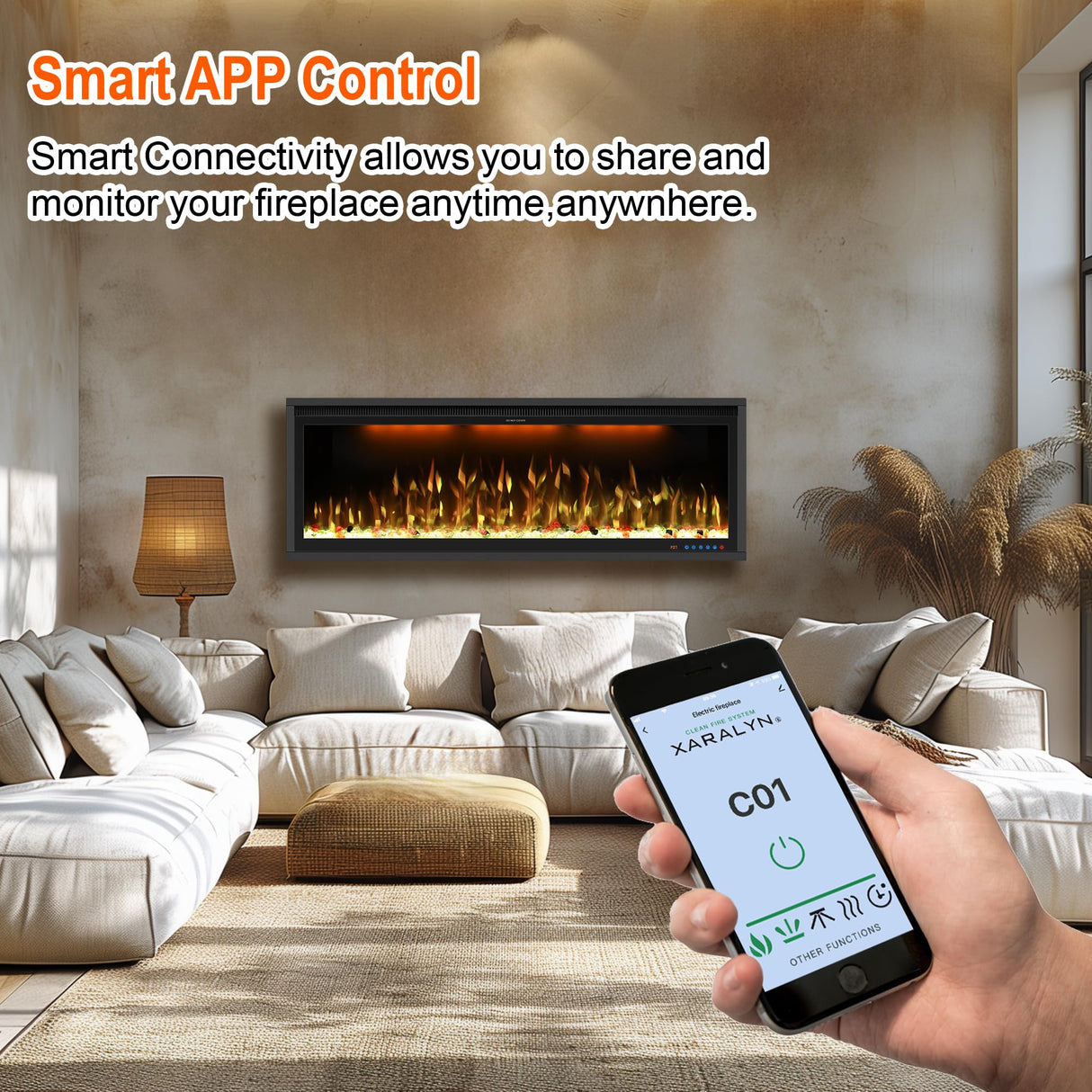 48" Smart Electric Fireplace Inserts,Slim Fireplace with APP Control & Remote Control& Touch Panel,13 Adjustable Flame Color&13 Fuel Bed Colors,750W/1500W,Black VINEMOUNT