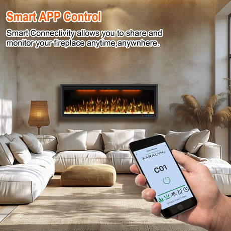 48" Smart Electric Fireplace Inserts,Slim Fireplace with APP Control & Remote Control& Touch Panel,13 Adjustable Flame Color&13 Fuel Bed Colors,750W/1500W,Black VINEMOUNT